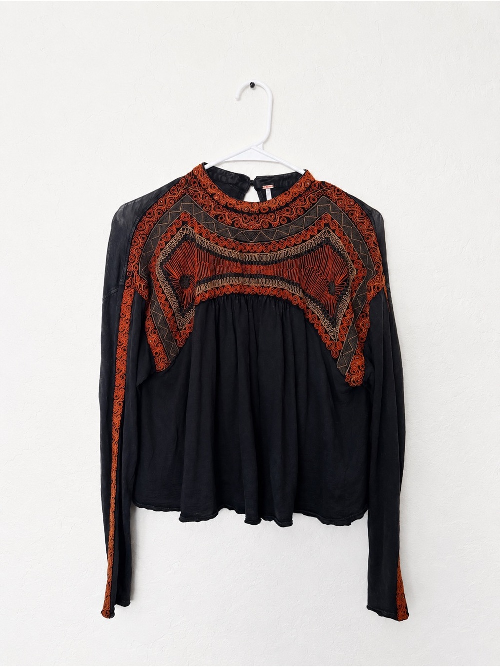Free People Black Long-Sleeve Blouse with Rust Embroidery